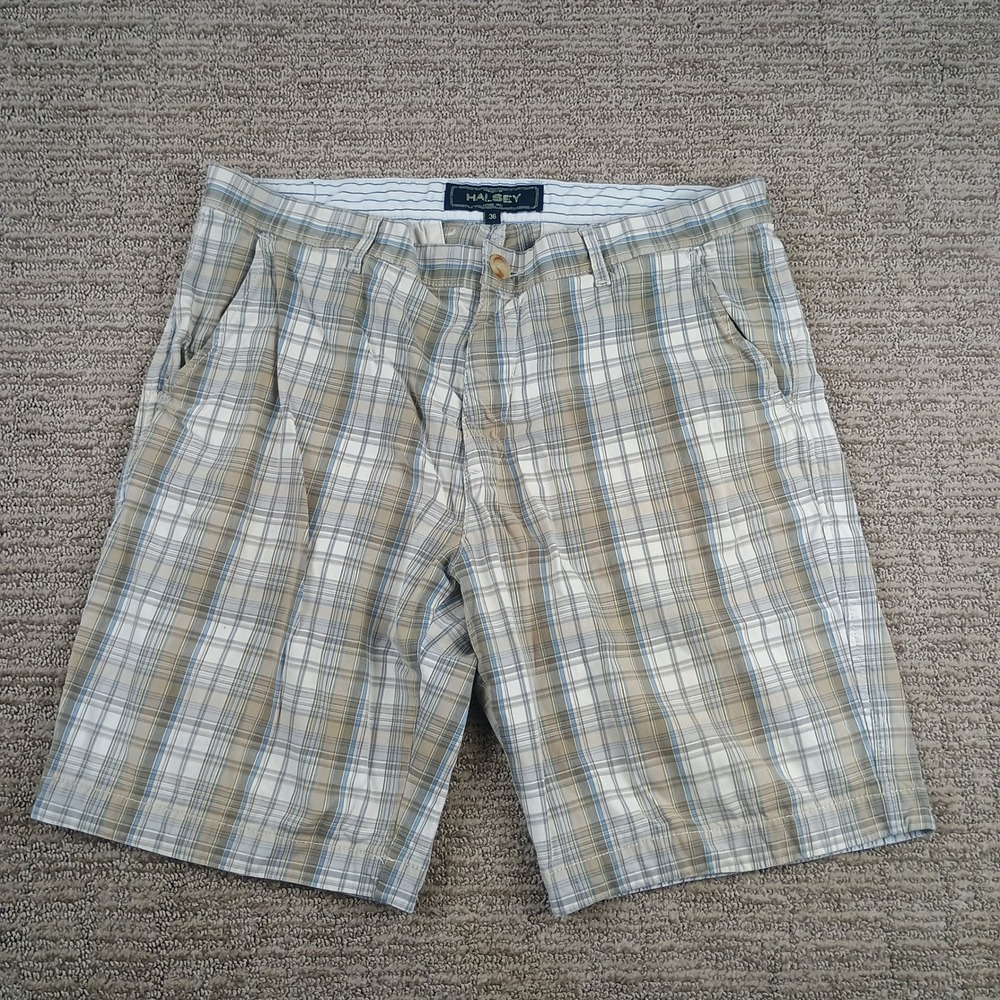 Halsey 44th Apparel Plaid Shorts Mens 34 Tan Blue White Preppy Cotton Stretch